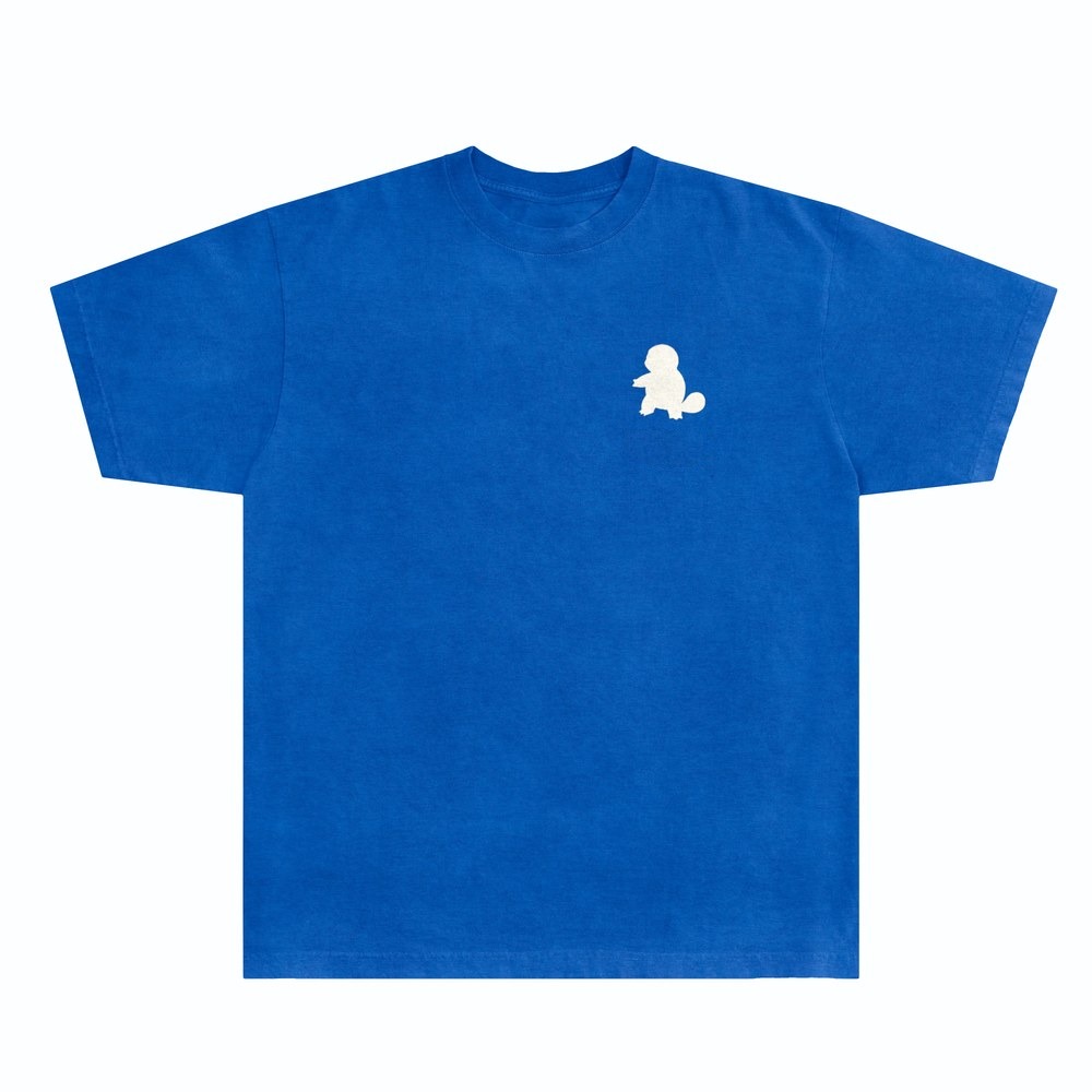 Blue RGB line shirt with an white Squirtle silhouette and wordmark on the chest