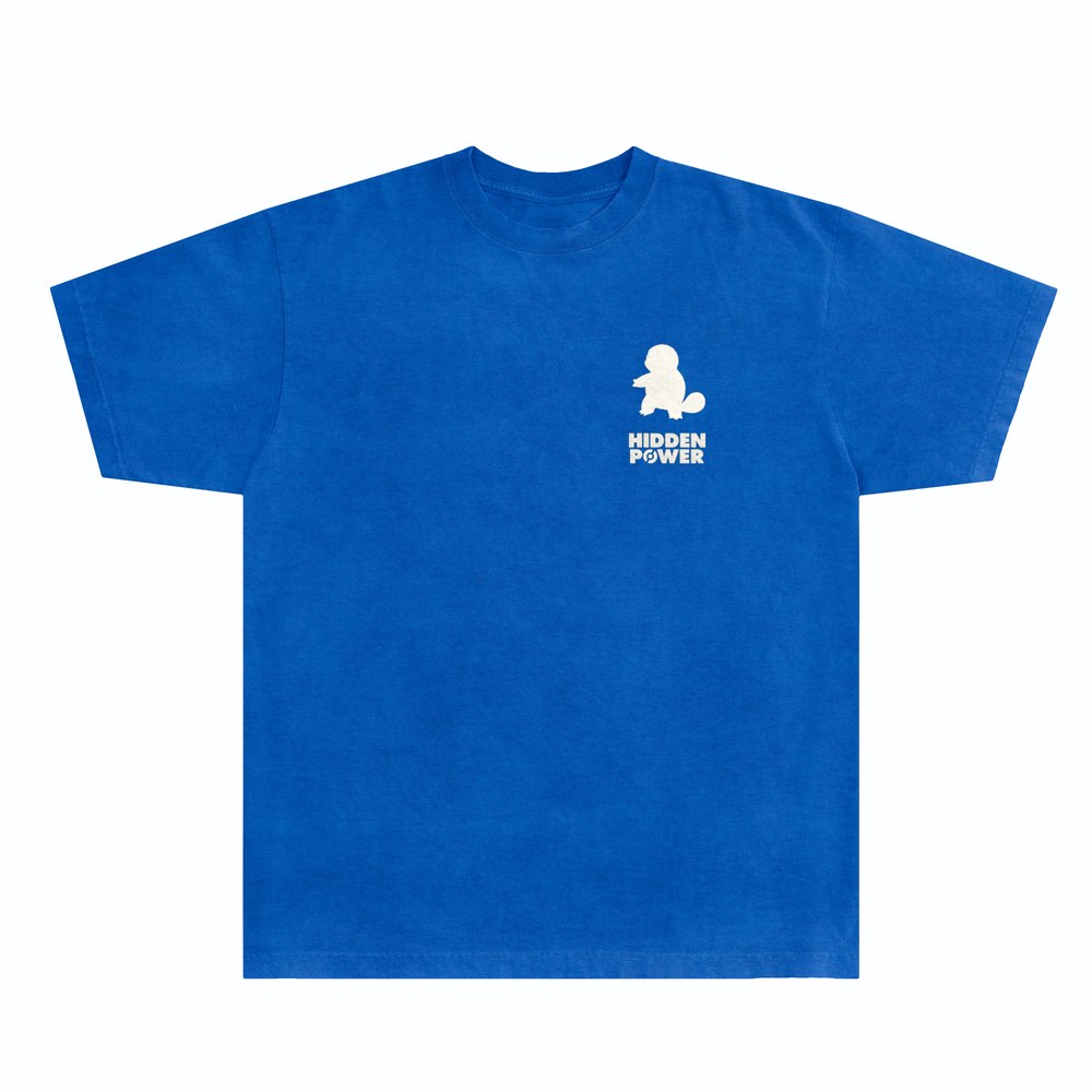 Blue RGB line shirt with an eggshell Squirtle silhouette and wordmark on the chest