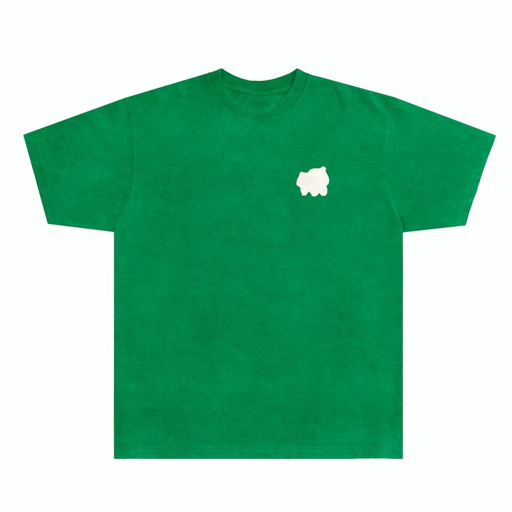 Green RGB line shirt with an white Bulbasaur silhouette and wordmark on the chest