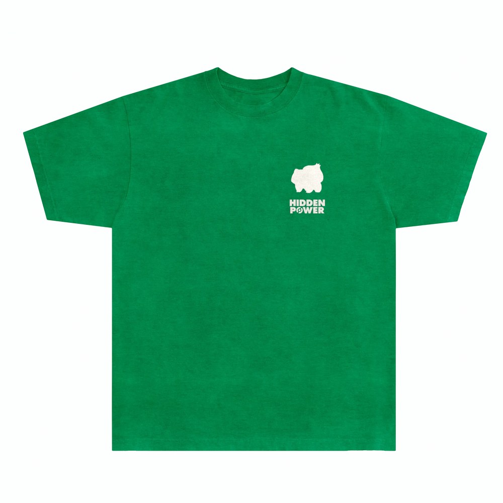 Green RGB line shirt with an eggshell Bulbasaur silhouette and wordmark on the chest