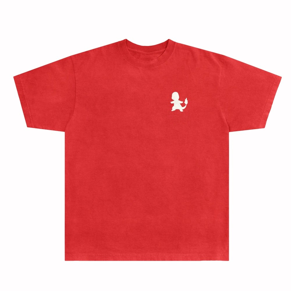 Red RGB line shirt with an white Charmander silhouette and wordmark on the chest