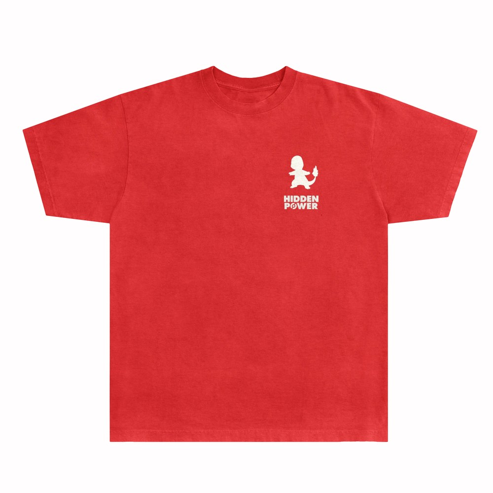 Red RGB line shirt with an eggshell Charmander silhouette and wordmark on the chest