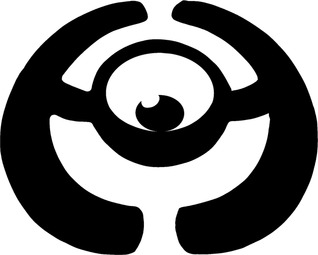 Current logo mark, solid black with a white eye on red